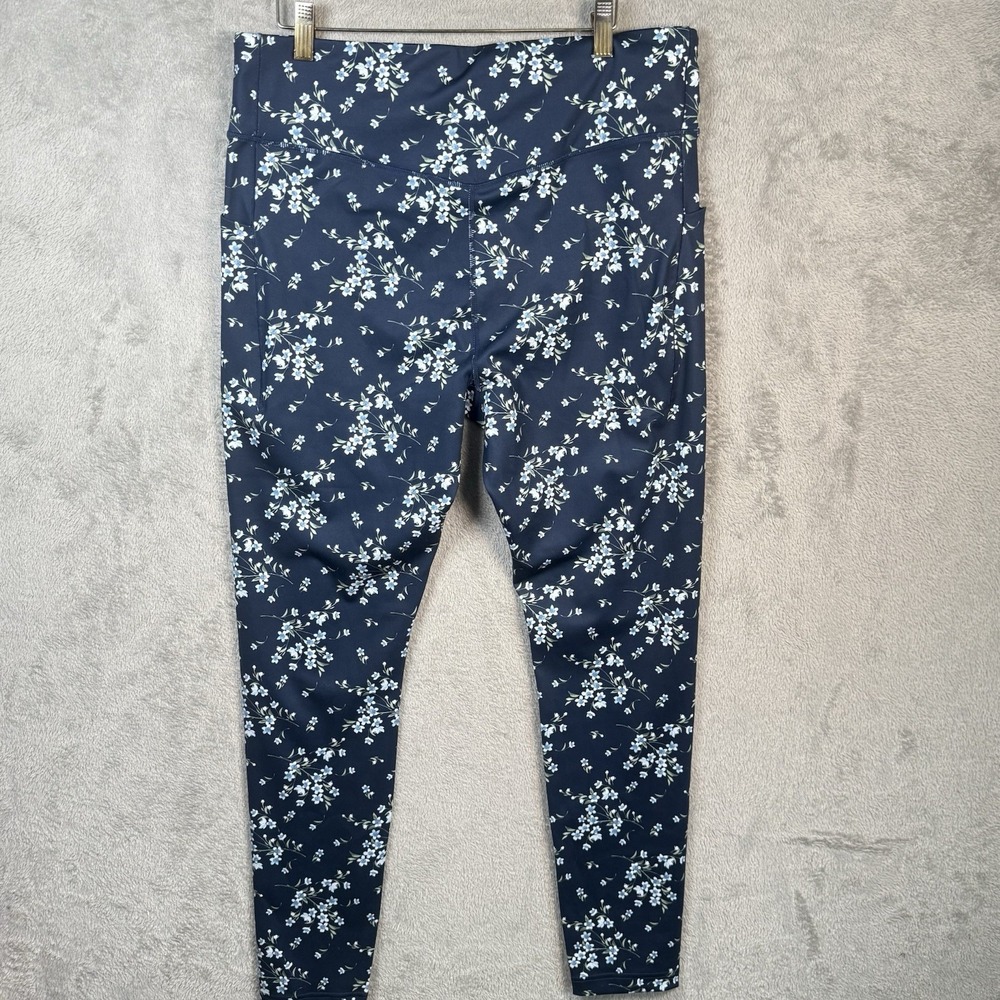 Lands' End Floral Leggings Womens Large Tall Navy Blue Stretch Pockets Casual